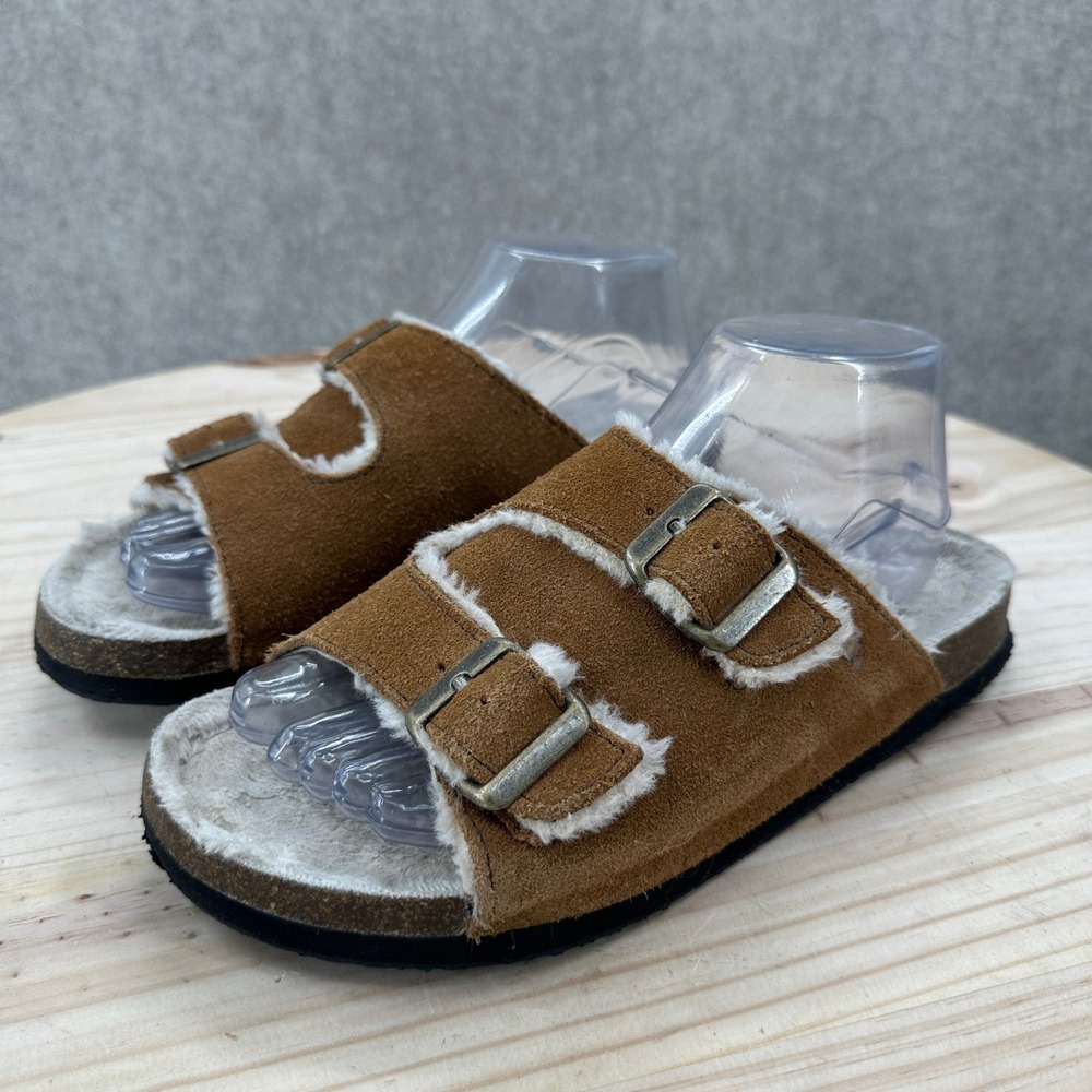 Earth Origins Chill Cali Sandals Womens 8 Brown Suede Faux Fur Double Buckle - Picture 2 of 10